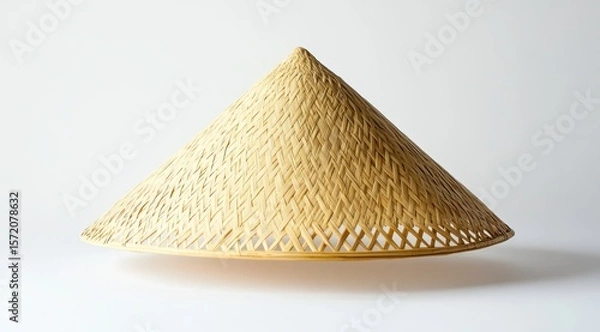 Obraz Light Beige Cone-Shaped Woven Straw Hat on White Background