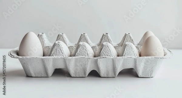 Obraz Cardboard Egg Carton with White Eggs on White Surface