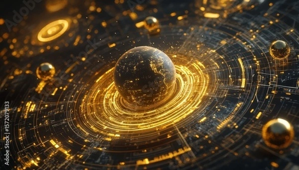 Obraz Global network, digital Earth, glowing rings, futuristic interface