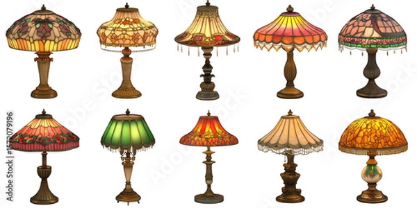 Fototapeta Tiffany Style Stained Glass Table Lamps Collection Display isolated on white png transparent background	