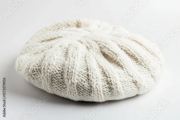 Obraz Knitted beret, cream color, studio shot, plain white background