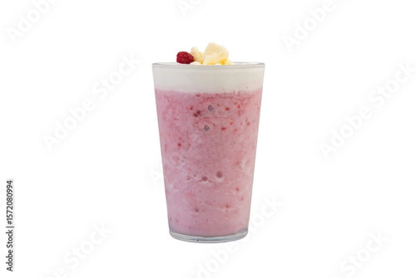 Fototapeta Milkshake with raspberry and banana in a glass on white background