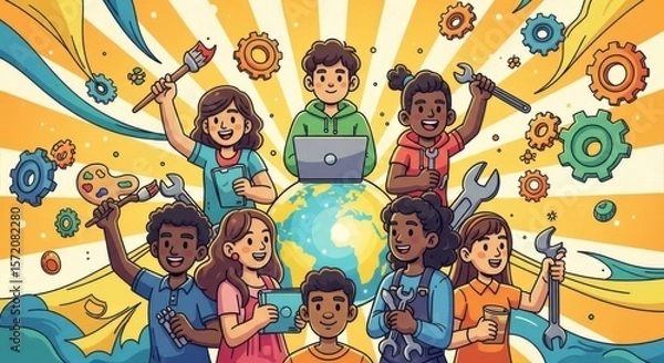 Obraz Creative Kids Collaborate on Innovative Projects with Tools and Technology