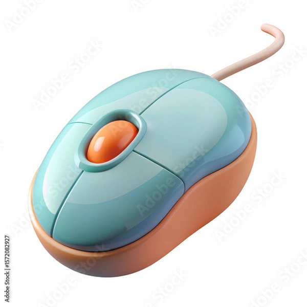 Fototapeta 3d render of a pastel teal and orange computer mouse isolated on transparent background