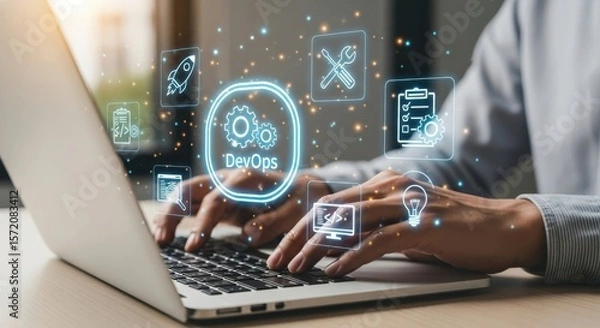 Fototapeta Devops concept with icons representing development and operations on a laptop