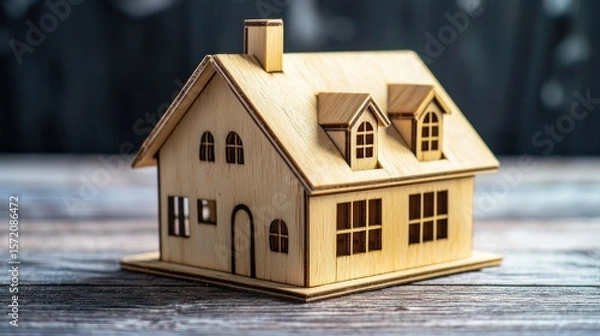 Fototapeta A wooden house model on a wooden table with a dark background.