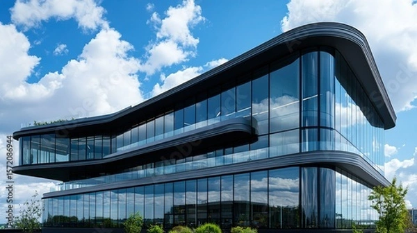 Obraz Innovative Curved Glass Office Building with Black Metal Frames, Reflecting Sky and Greenery, Topped with Rooftop Plants