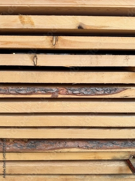 Fototapeta side view of wooden pine planks, construction of natural materials, pattern of lumber