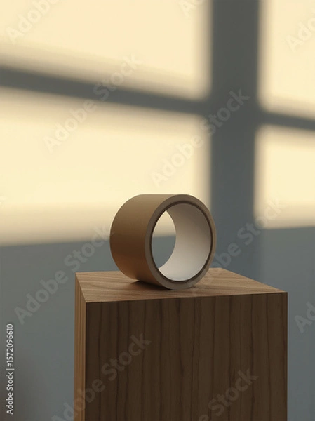 Obraz A minimalist still life featuring a roll of brown tape on a wooden pedestal