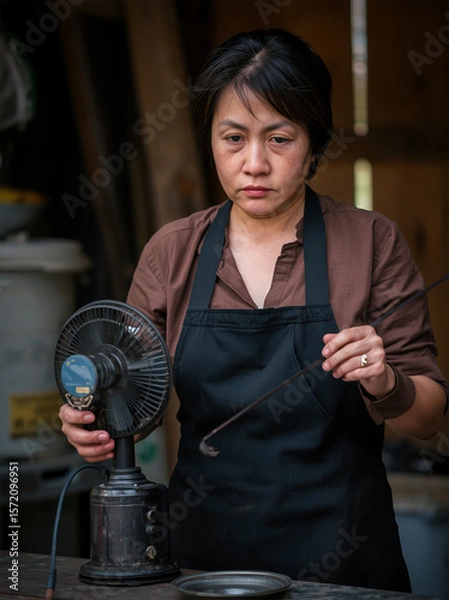 Obraz A focused artisan preparing tools for a creative project in a rustic workshop.