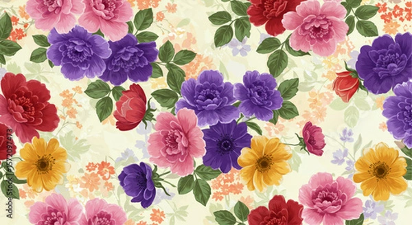 Fototapeta Vibrant Seamless Floral Pattern with Colorful Flowers and Leaves on Light Background - Vector Illustration