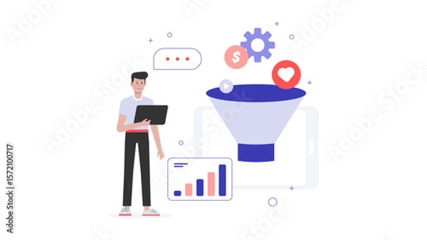 Fototapeta Sales Lead Updating Sales Funnel Metrics, flat vector illustration