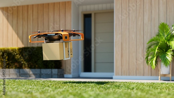 Obraz Drone delivery service,autonomous quadcopter carrying package to residential home- 3D rendering
