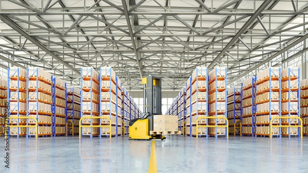 Fototapeta Automated warehouse robot lifting packages in modern storage facility- 3D rendering
