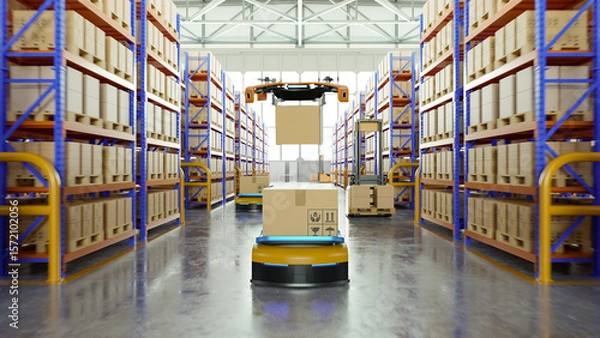 Obraz Automated warehouse: robots and drones optimizing Logistics and inventory- 3D rendering