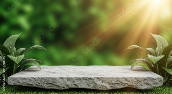 Fototapeta Stone platform with green foliage and sunlight creating a natural product display background scene