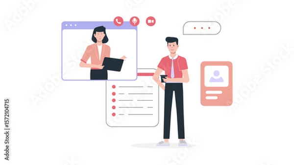 Fototapeta Employees Attending Online Leadership Training flat vector illustration