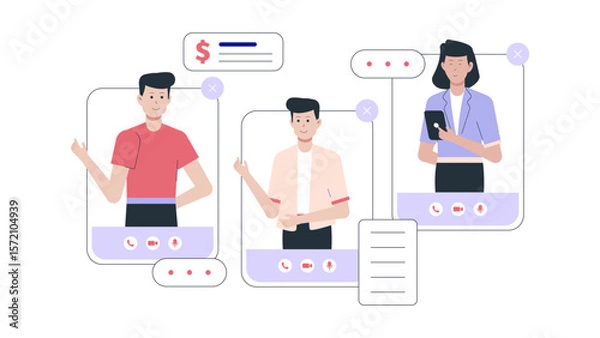 Fototapeta Remote Group Playing Online Icebreaker Game flat vector illustration