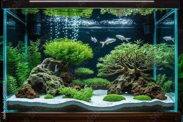 Obraz A detailed view of a fish tank with aquatic plants rocks and fish swimming in the water inside the tank