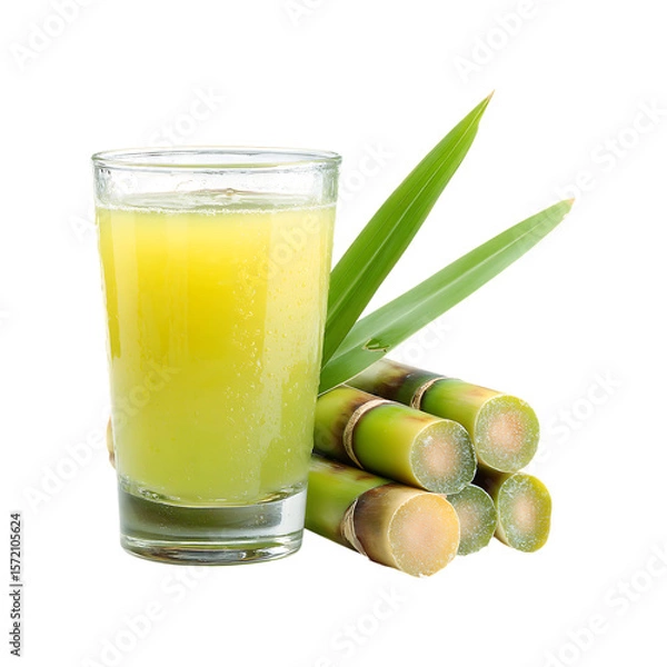 Fototapeta Refreshing glass of natural green sugarcane juice with fresh stalks and leaves isolated on transparent background