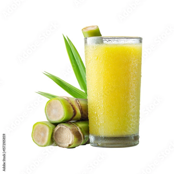 Fototapeta Refreshing glass of cold sugarcane juice with condensation next to cut sugarcane stalks and green leaves isolated on transparent background