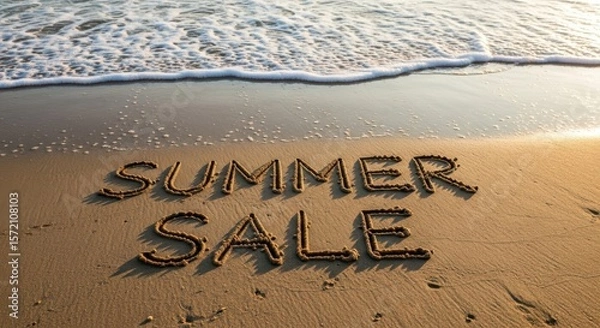 Fototapeta Summer sale message written in sand on a beach with gentle waves