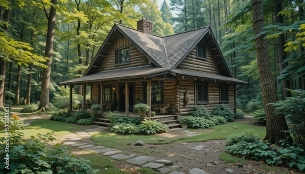 Fototapeta Secluded Log Cabin in a Lush Forest