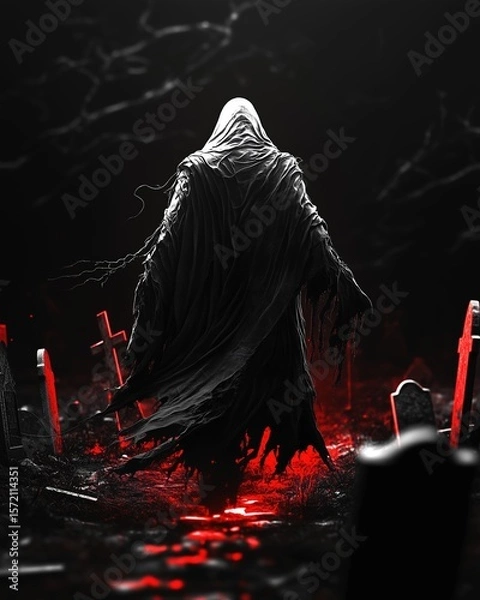 Fototapeta A hooded phantom in tattered robes walks through a dark graveyard lit by an eerie red glow beneath its feet, surrounded by tilted gravestones and swirling shadows in a haunted fantasy scene.