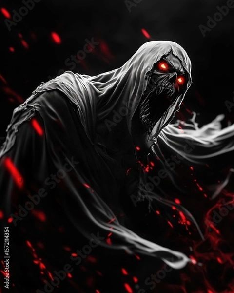 Fototapeta  A terrifying hooded specter with glowing red eyes and a monstrous skeletal face lunges from swirling shadows, its torn robes flowing with eerie motion and surrounded by glowing embers.