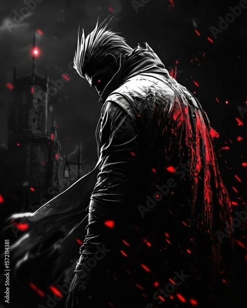 Fototapeta A dark warrior with spiked white hair and glowing red eyes stands before a gothic castle, his tattered cloak trailing behind him amidst glowing red embers in a cinematic fantasy setting.