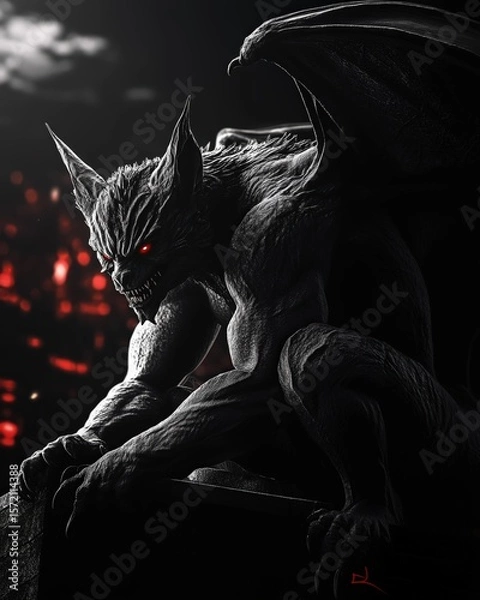 Fototapeta A fierce demonic gargoyle with glowing red eyes crouches on a ledge, muscles tensed and wings folded as it overlooks a burning city below in a dramatic, dark fantasy night scene.