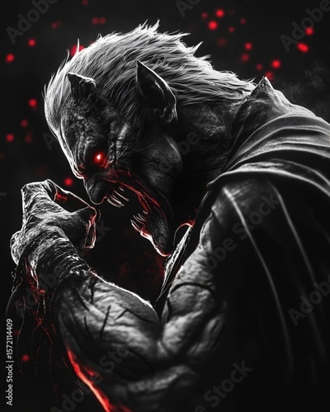 Fototapeta A snarling demonic beast with pointed ears and glowing red eyes howls in rage, its muscular form and sharp claws lit by a fiery glow in a dark fantasy world filled with chaos and embers.