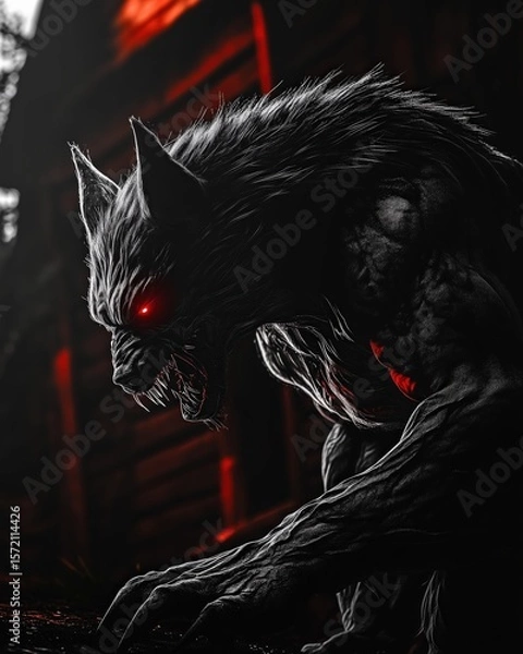Fototapeta A terrifying werewolf with glowing red eyes snarls in a crouched position under a crimson light near a dark cabin, muscles tensed and claws ready in a high-intensity horror fantasy setting.