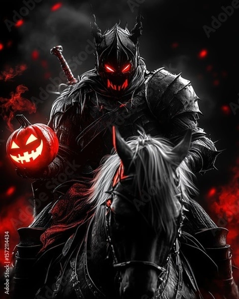 Fototapeta Dark armored rider with glowing red eyes and menacing helmet holds a fiery jack-o'-lantern while riding a black horse through smoky red mist in a dramatic Halloween fantasy scene.