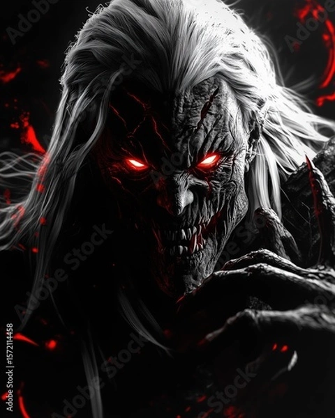 Fototapeta A terrifying demonic face with glowing red eyes and deep facial cracks emerges from the darkness, framed by wild white hair, with a sinister snarl and claws reaching forward in dramatic lighting.