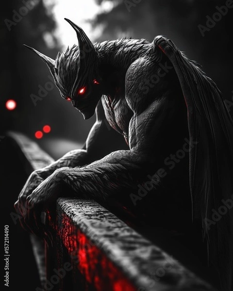 Fototapeta A demonic bat-winged humanoid creature leans broodingly over a bridge railing at night, with glowing red eyes and a powerful muscular form lit by mysterious red lights in the background.