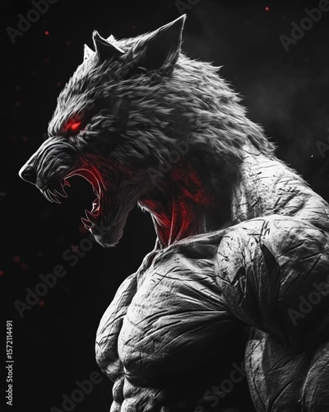 Fototapeta Powerful black and white digital art of a fearsome werewolf with glowing red eyes and a bared fanged snarl, showcasing immense muscularity and a primal, aggressive presence.