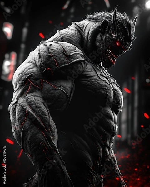 Fototapeta Intense, hyper-detailed black and white digital art of a monstrous horned creature with glowing red eyes and menacing fangs, powerful physique highlighted by glowing red cracks across its arms.