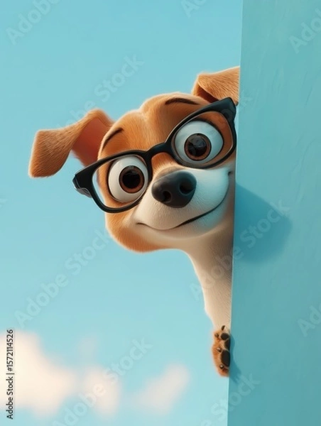 Fototapeta Playful 3D cartoon brown dog with stylish black glasses, curiously peeking from behind a light blue barrier against a cloudy sky, its large expressive eyes and gentle smile