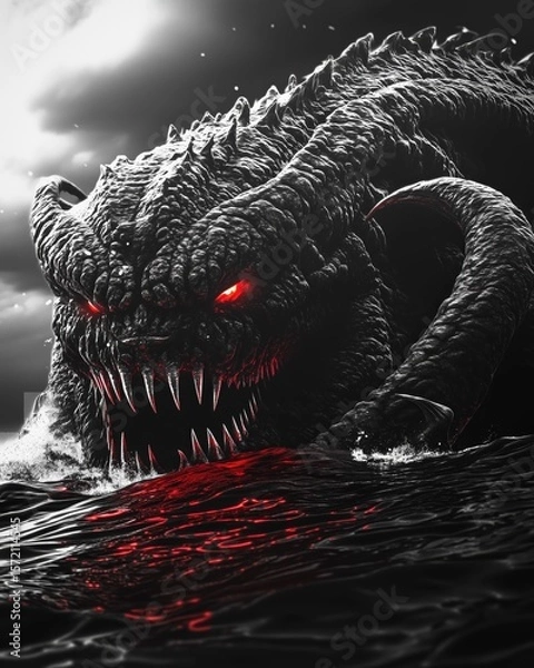 Fototapeta Terrifying black and white digital art of a colossal monster emerging from dark waters with glowing red eyes and razor-sharp teeth, its immense power hinted by chaotic red reflections on the surface.