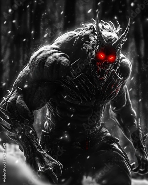 Fototapeta Terrifying black and white digital art of a horned monster with glowing red eyes and bared teeth, emerging from a snowy forest, its powerful physique radiating an intense and ominous presence.