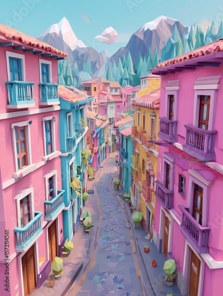 Fototapeta A charming low-poly depiction of Colonial Quito, featuring vibrant multi-colored houses with balconies and intricate ironwork, lining a narrow cobblestone street