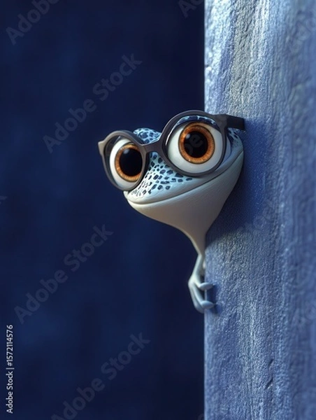 Fototapeta Curious 3D cartoon lizard with stylish black glasses, peeking from behind a dark blue textured wall, its large orange eyes showing interest and a gentle expression, a fun and unique character design.