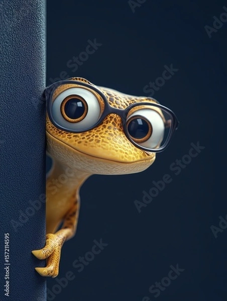 Fototapeta Adorable 3D cartoon yellow lizard with sophisticated black glasses, peeking from behind a dark blue background, its large expressive eyes showing intelligence and gentle curiosity, a charming characte