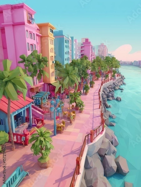 Fototapeta A vibrant low-poly cityscape showcasing a lively waterfront promenade with colorful buildings in pink, yellow, and blue, palm trees, and people strolling along the Guayas River under a clear sky.