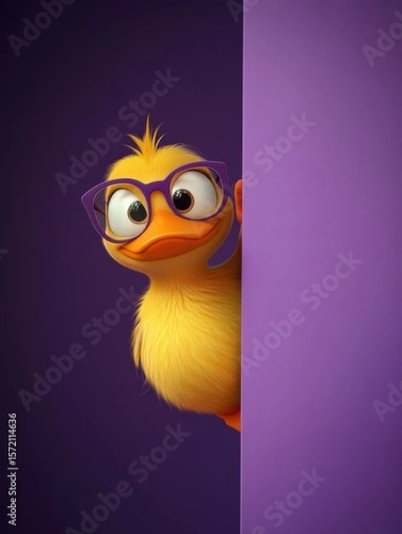 Fototapeta Cute 3D cartoon duckling with trendy purple glasses, playfully peeking from behind a vibrant purple background, its large expressive eyes showing happiness and a touch of shyness, a cheerful character