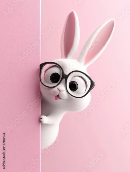 Fototapeta Whimsical 3D cartoon rabbit wearing oversized black glasses, playfully peeking out from behind a bright pink background with its tongue slightly out, a charming and expressive character design.