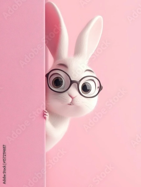 Fototapeta Adorable 3D cartoon rabbit in classic black glasses peeking playfully from behind a soft pink wall, a charming and cute character with large expressive eyes and fluffy white fur, perfect for children'