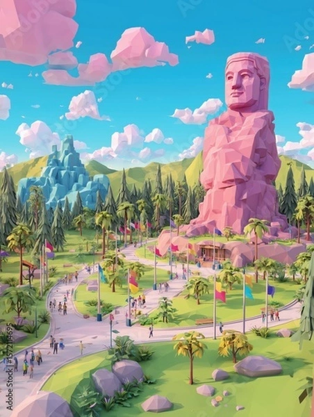 Fototapeta A vibrant low-poly landscape featuring a colossal pink statue reminiscent of ancient figures, surrounded by lush green valleys, tall pine trees, palm trees, and a bustling pathway