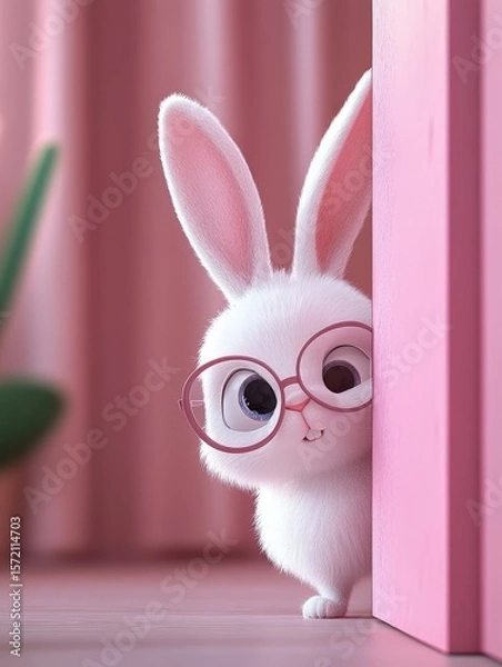 Fototapeta Adorable 3D cartoon rabbit in stylish pink glasses peeking playfully from behind a vibrant pink wall, a charming and cute character with large expressive eyes and fluffy white fur